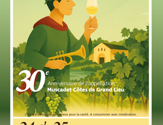 Affiche de la Saint Vincent - personne avec verre de vin à la main + trompette